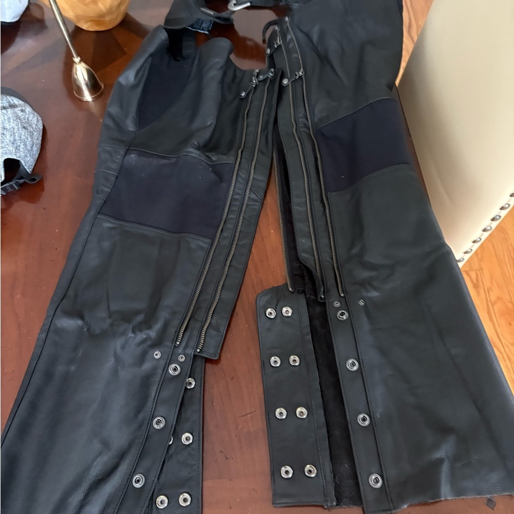 Black Leather Chaps with Snap Closures